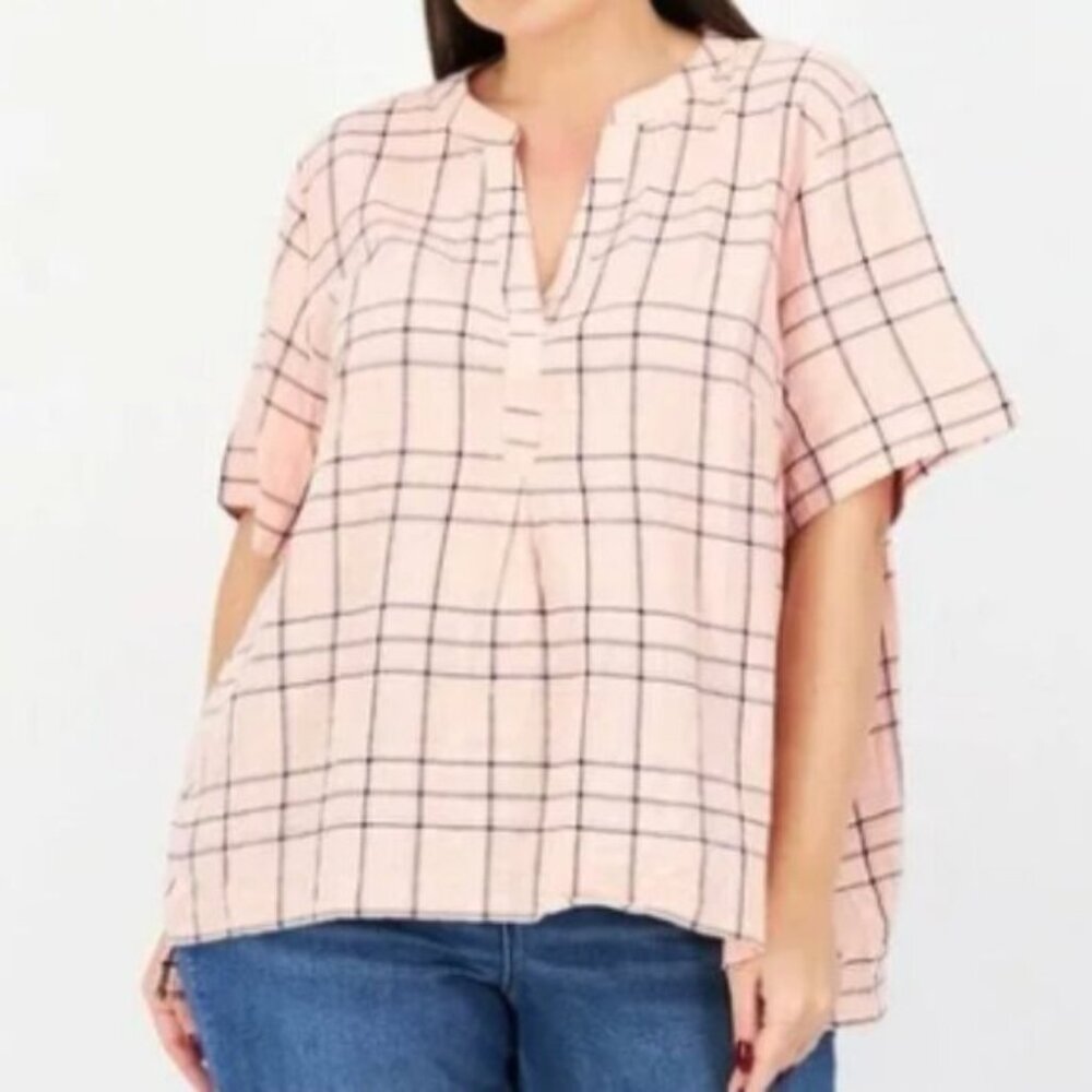 Gloria Vanderbilt Women’s Blouse XL Coral Pink Plaid V-Neck Short Sleeve NWT